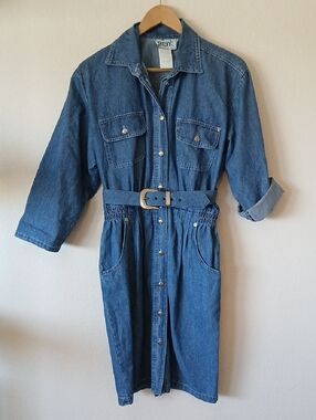 Vintage d. Frank Denim Dress With Pockets And Belt Full Button Up